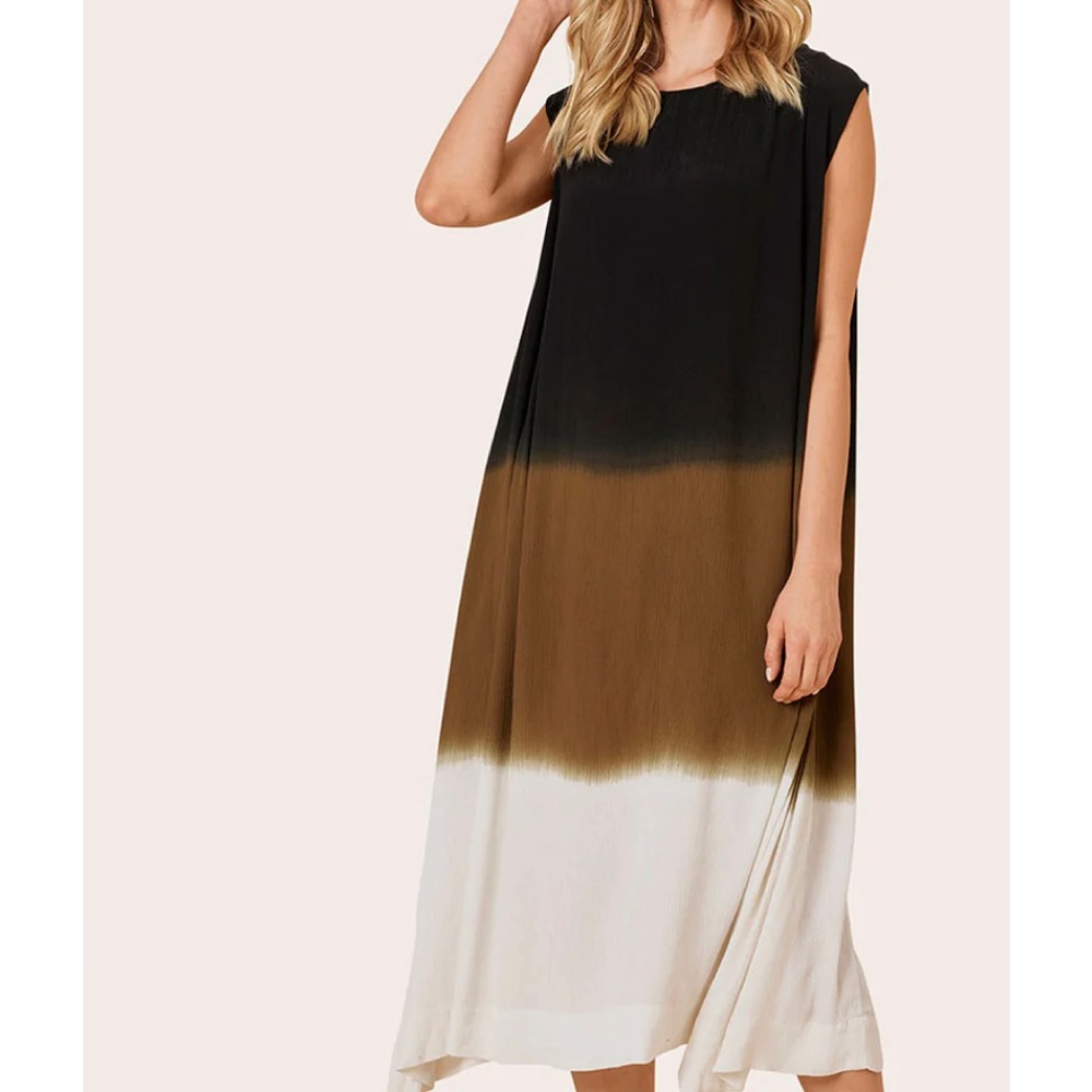 NWT Masai Copenhagen Olena Asymmetrical Hem Midi Bronze Black Multi-Stripe Dress